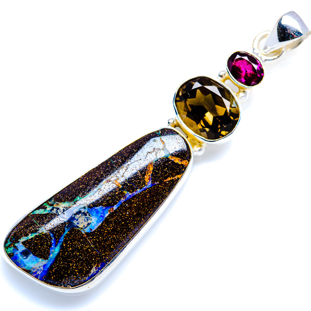Boulder Opal, Smoky Quartz, Garnet Pendant 2 1/2" (925 Sterling Silver) PD38198