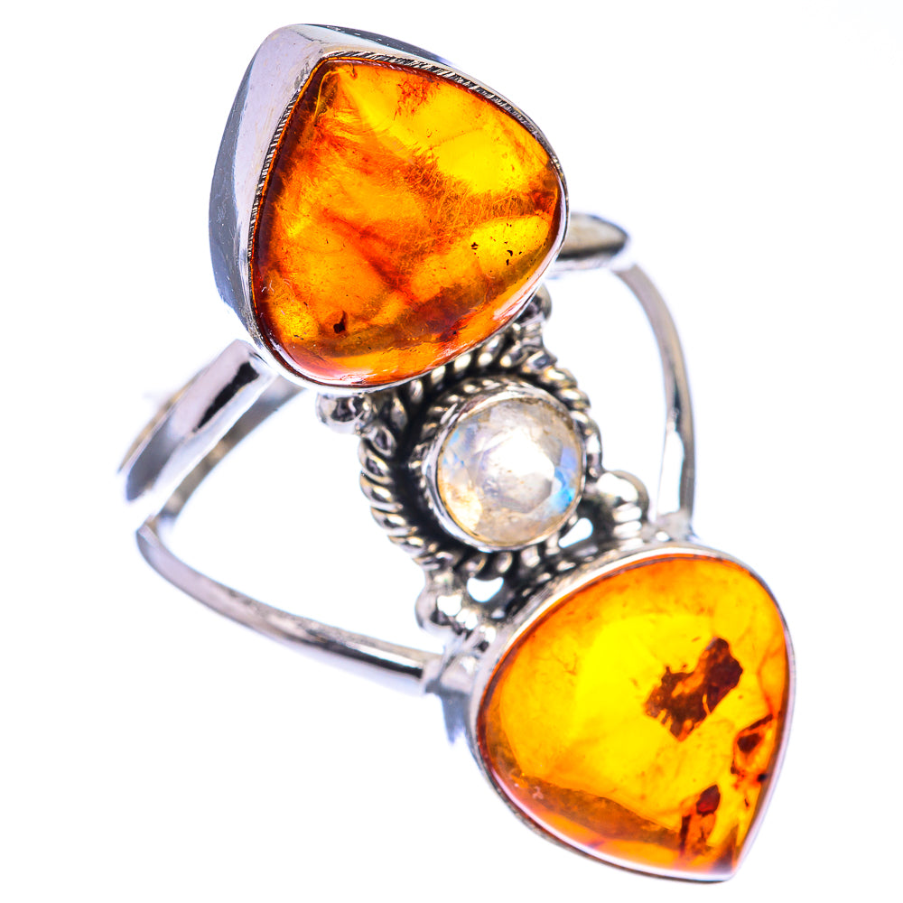 Large Baltic Amber, Rainbow Moonstone Ring Size 9 (925 Sterling Silver) RING143362