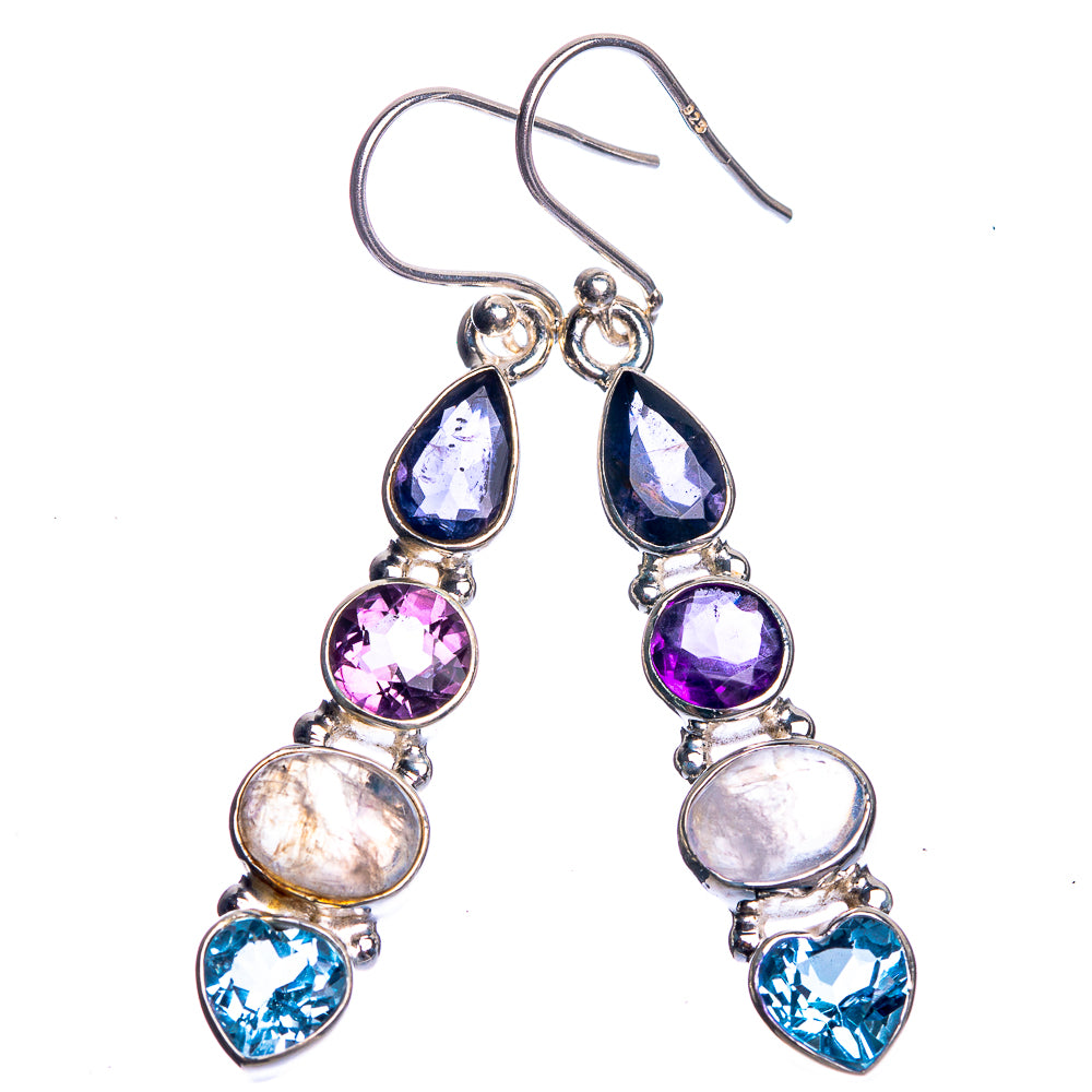 Rainbow Moonstone, Amethyst, Tanzanite, Blue Topaz 925 Sterling Silver Earrings 2"