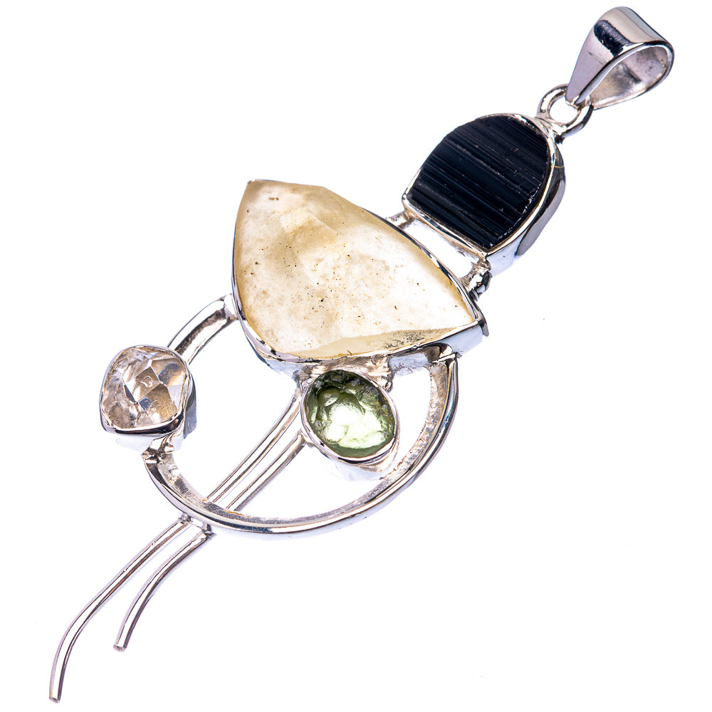 Signature Libyan Desert Glass, Black Tourmaline, Herkimer Diamond, Czech Moldavite Pendant 2 5//8" (925 Sterling Silver) P38724