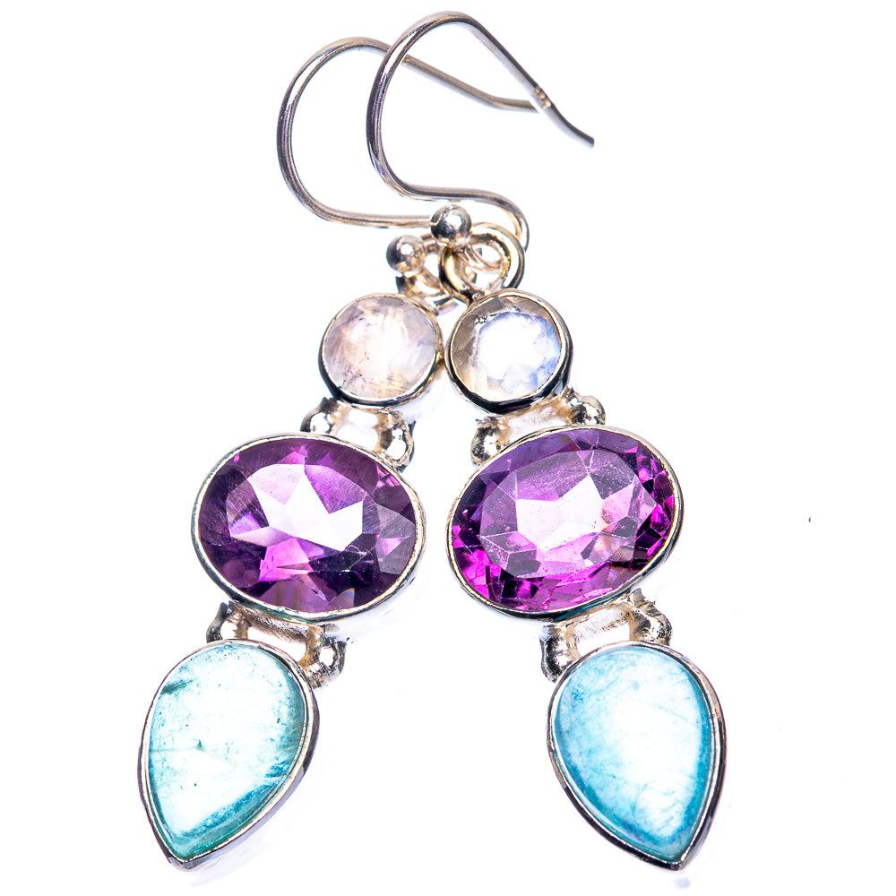 Amethyst, Blue Fluorite, Rainbow Moonstone Earrings 1 3/4" (925 Sterling Silver) E432489