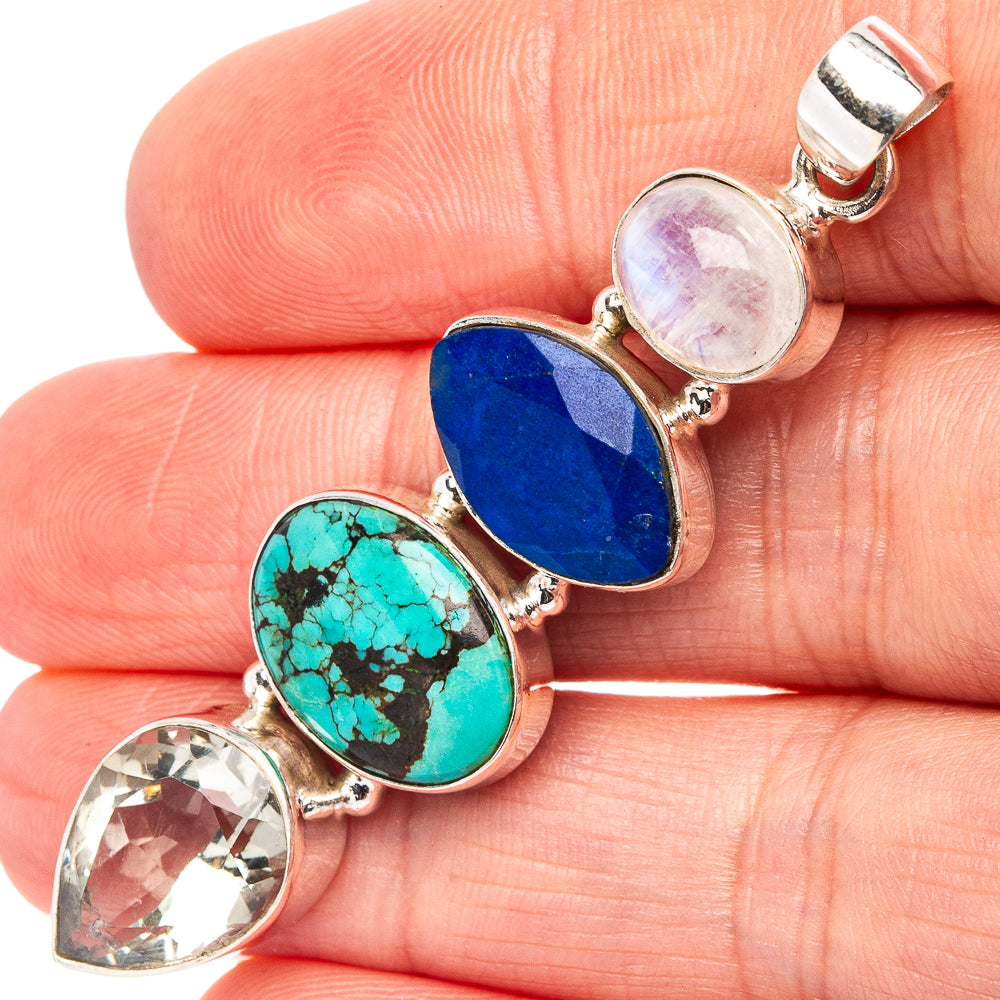 Premium Tibetan Turquoise, Rainbow Moonstone, Lapis Lazuli, Green Amethyst Pendant 2 1/4" (.925 Sterling Silver)