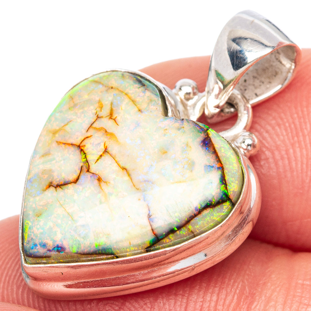 Rare Sterling Opal Heart Pendant 1 1/8" (925 Sterling Silver) P41726