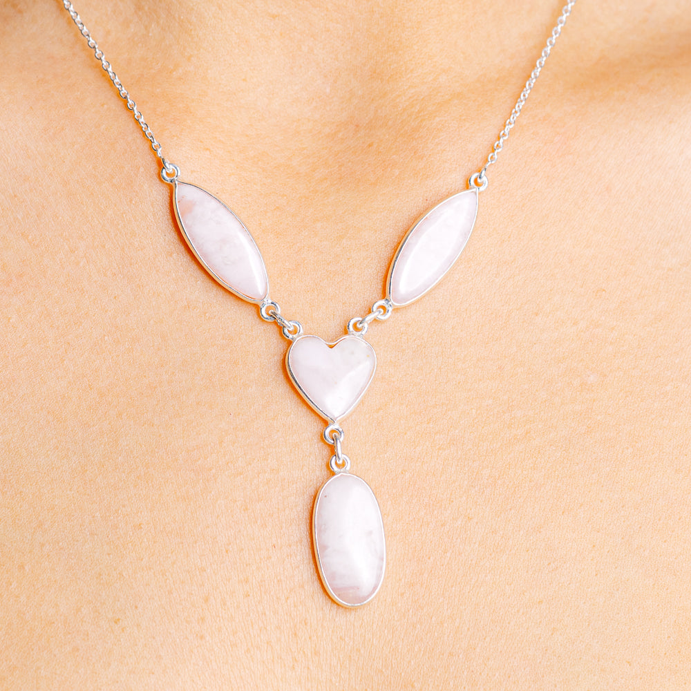 Pink Opal Heart Necklace 17 to 19" (.925 Sterling Silver)