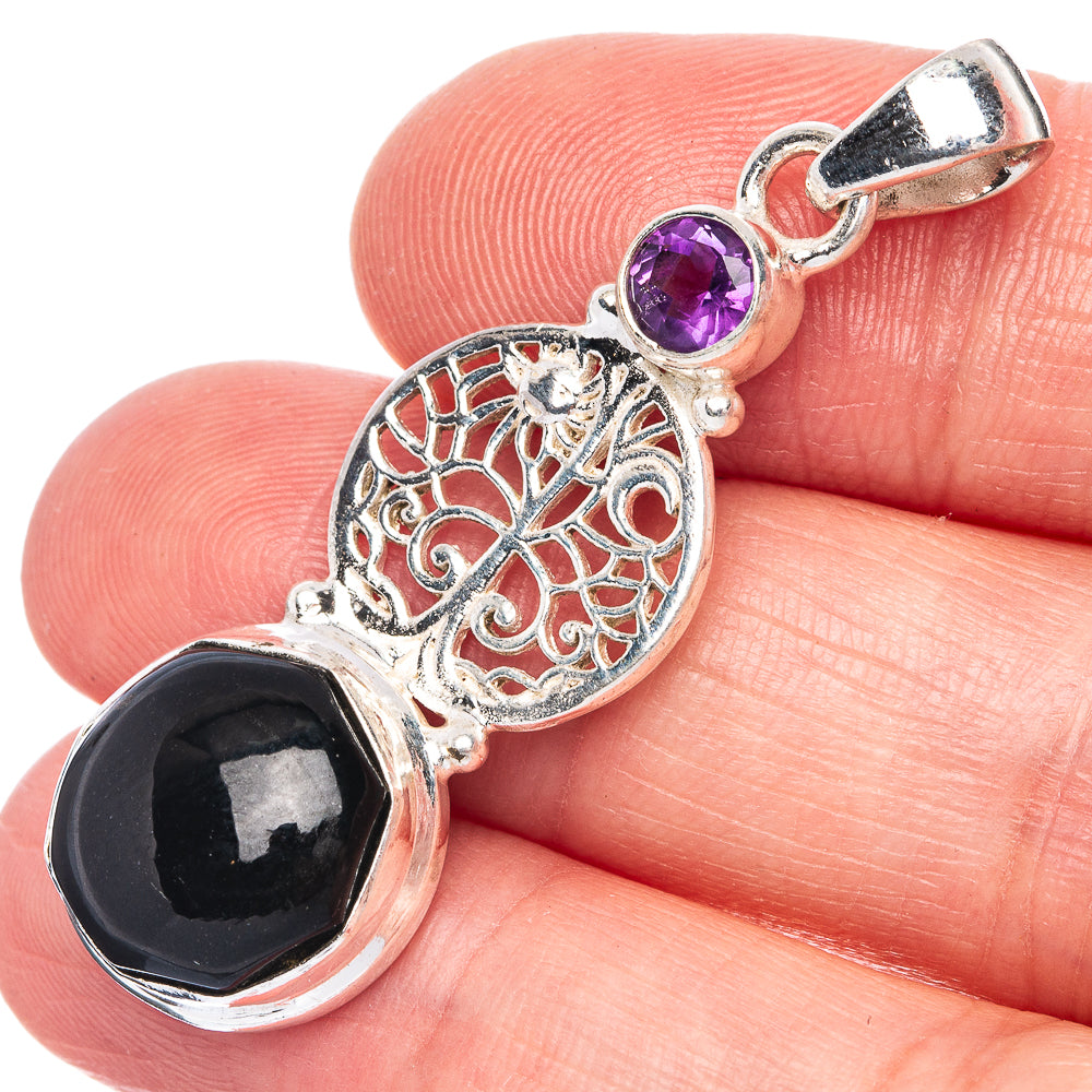 Black Onyx, Amethyst Pendant 1 3/4" (925 Sterling Silver) P40140