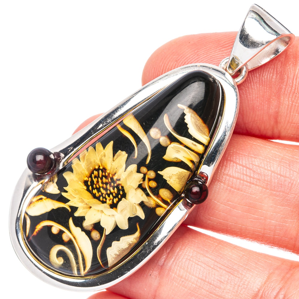 Amber Intaglio Sunflower Pendant 2 1/8" (925 Sterling Silver) P42582