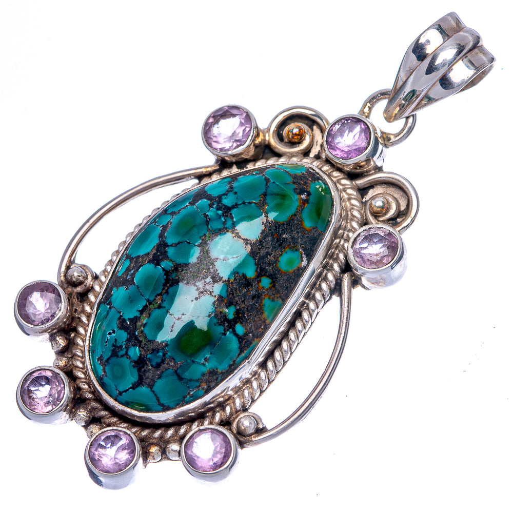 Tibetan Turquoise, Amethyst Pendant 2" (925 Sterling Silver) P40050