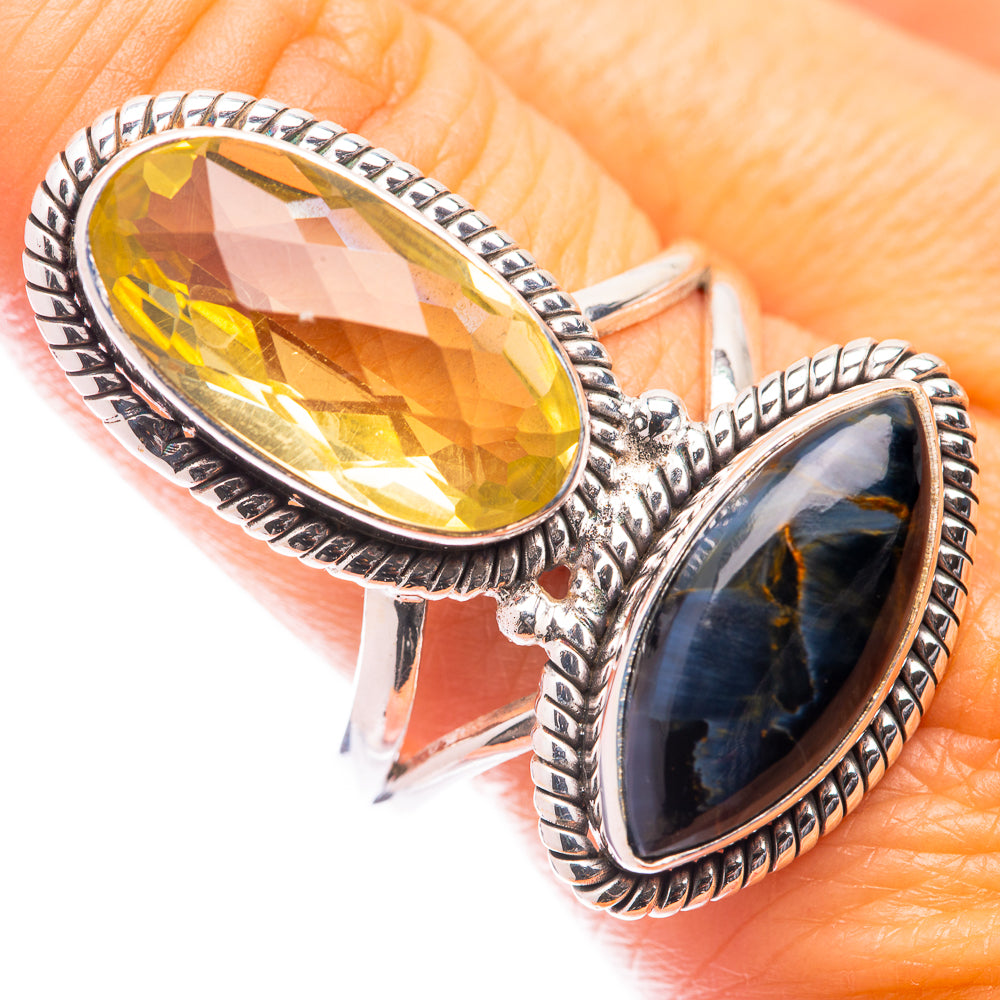 Large Lemon Quartz, Pietersite Ring Size 10.75 (925 Sterling Silver) R141012