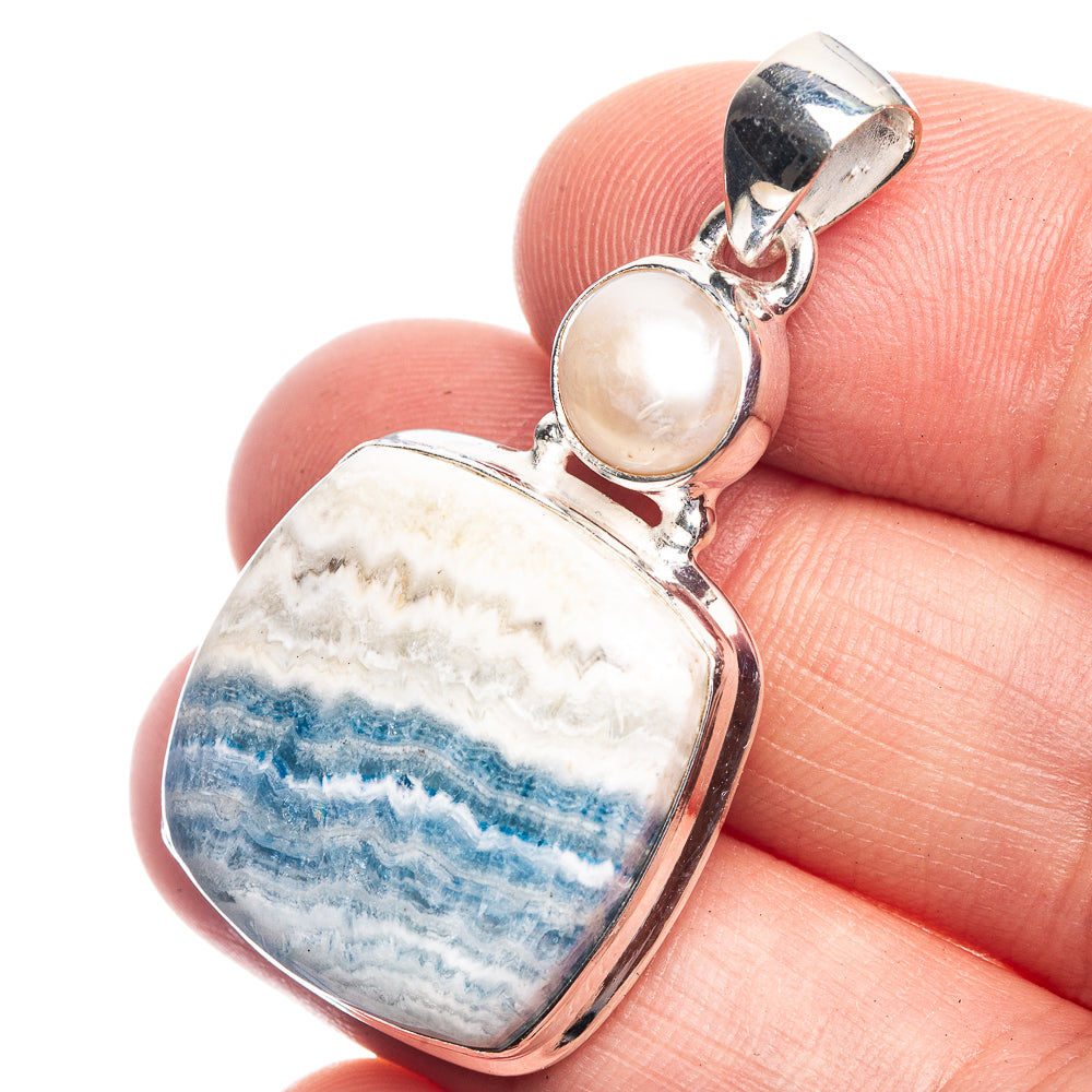 Blue Scheelite, Cultured Pearl Pendant 1 5/8" (925 Sterling Silver) P39221