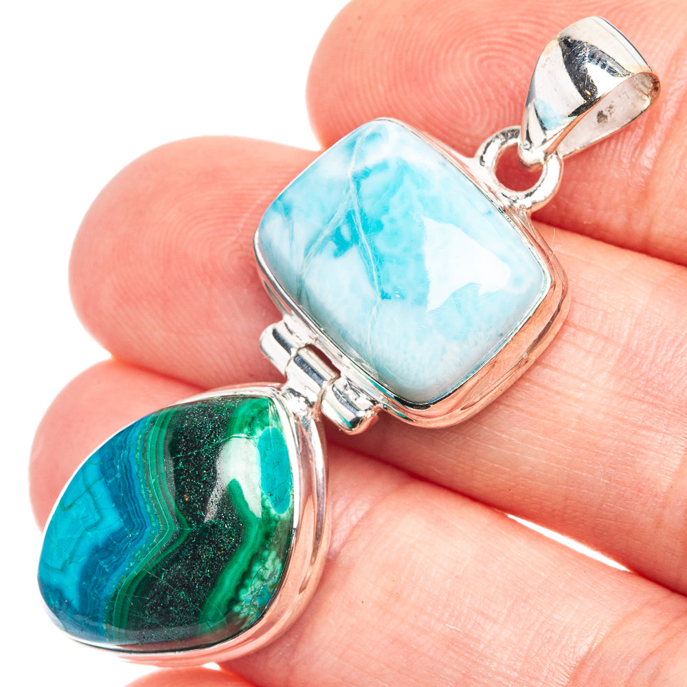 Larimar, Malachite In Chrysocolla Pendant 1 3/4" (925 Sterling Silver) P39256