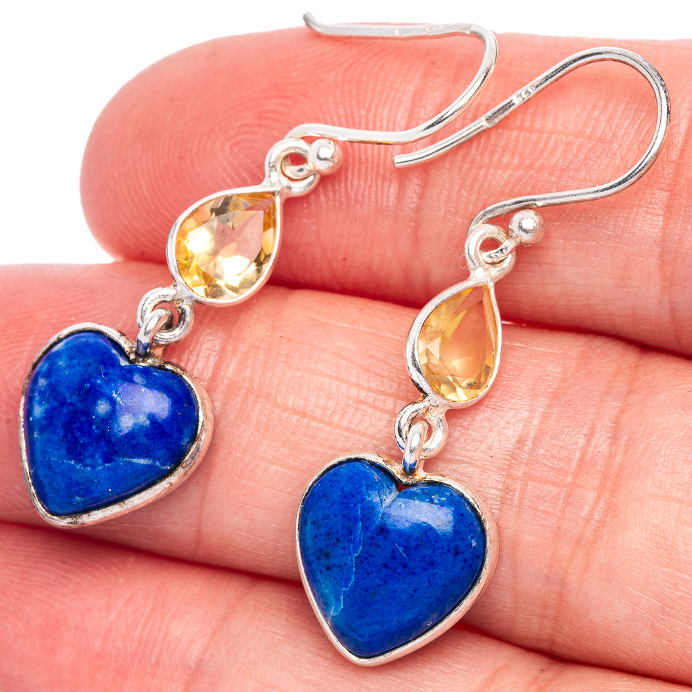 Lapis Lazuli Heart, Citrine Earrings 1 1/2" (925 Sterling Silver) E433421