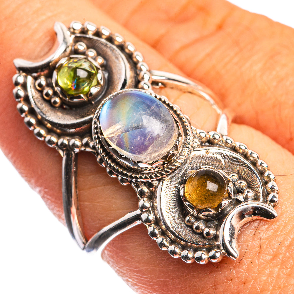 Rainbow Moonstone, Citrine, Peridot 925 Sterling Silver Ring Size 7.75