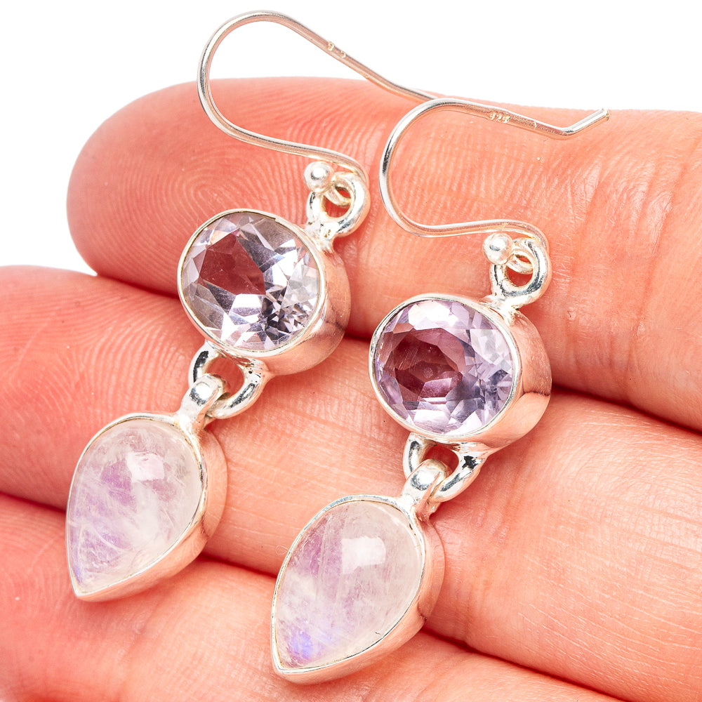 Rainbow Moonstone, White Quartz 925 Sterling Silver Earrings 1 3/4" (925 Sterling Silver) E2114