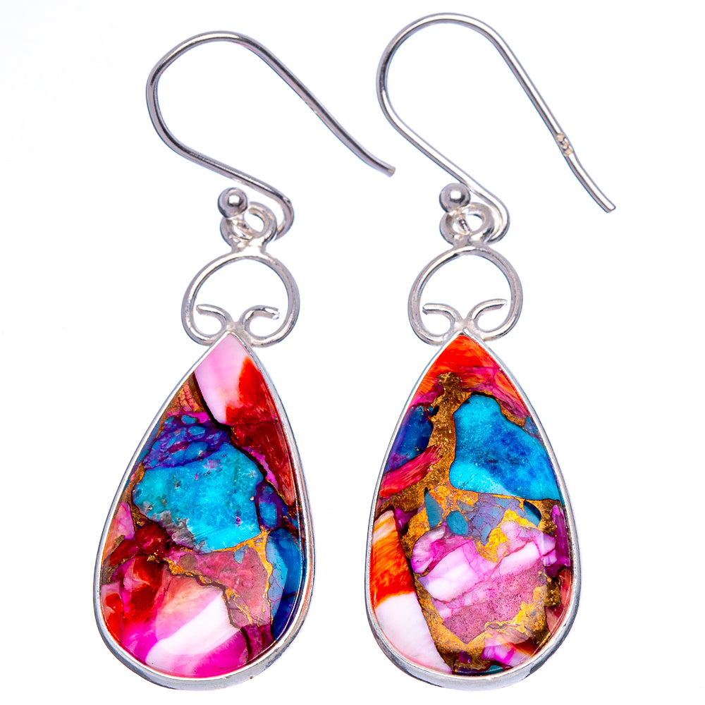 Kingman Pink Dahlia Turquoise Earrings 1 3/4" (925 Sterling Silver) E1835