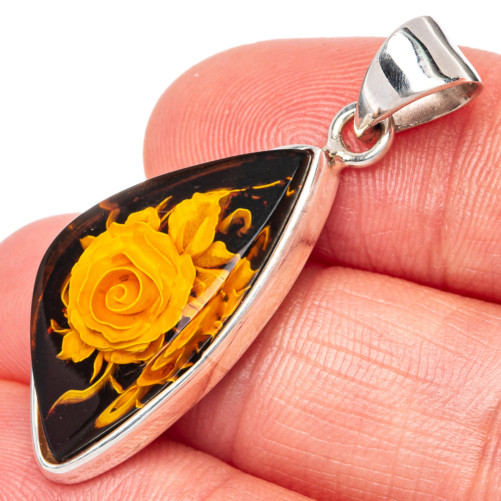 Amber Intaglio Rose Pendant 1 1/2" (925 Sterling Silver) P42556