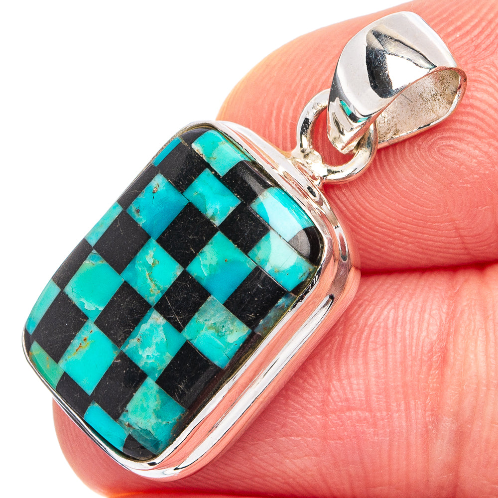 Rare Kingman Turquoise Black Onyx Pendant 1 1/4" (.925 Sterling Silver)