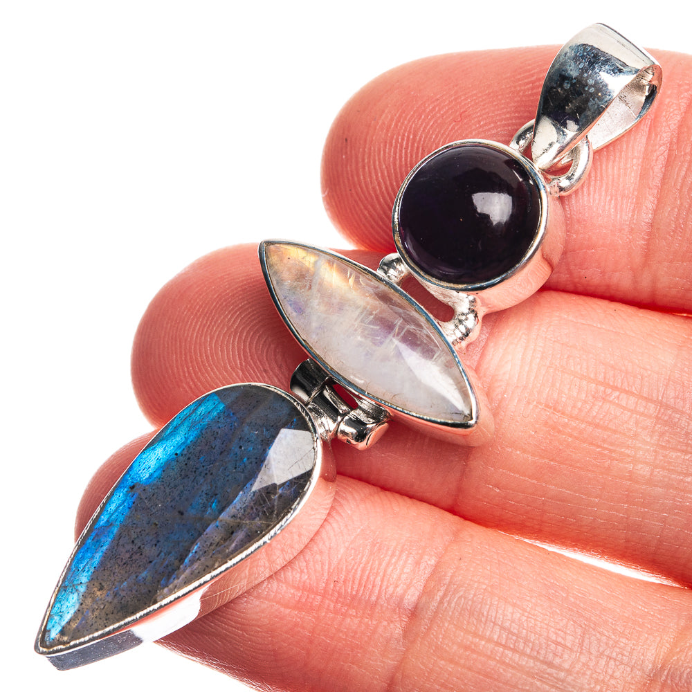 Labradorite, Rainbow Moonstone, Amethyst 925 Sterling Silver Pendant 2 1/8"