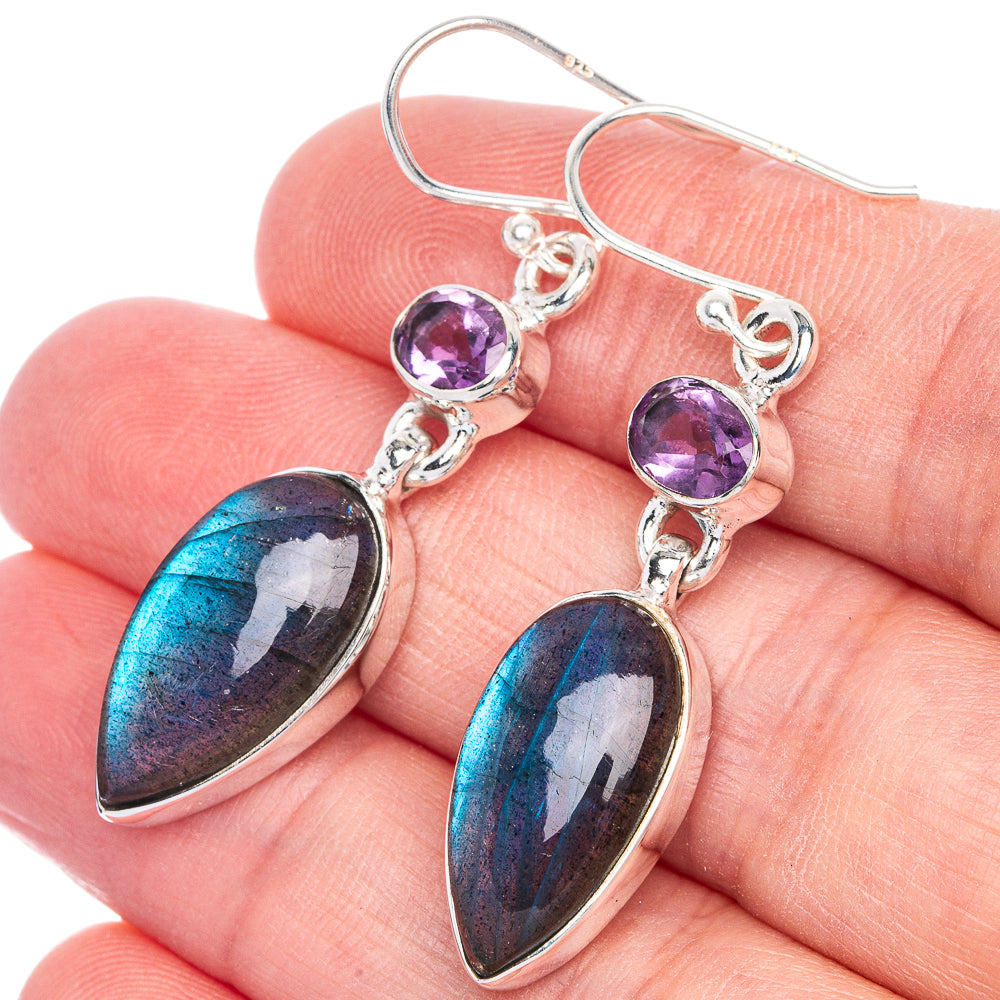 Labradorite, Amethyst Earrings 1 7/8" (925 Sterling Silver) E433119