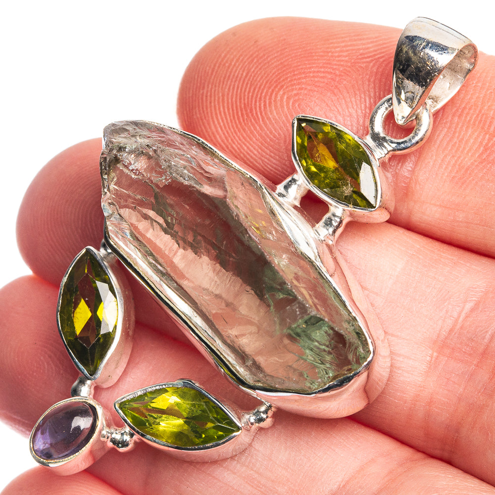 Rough Green Amethyst, Peridot, Tanzanite 925 Sterling Silver Pendant 1 7/8"