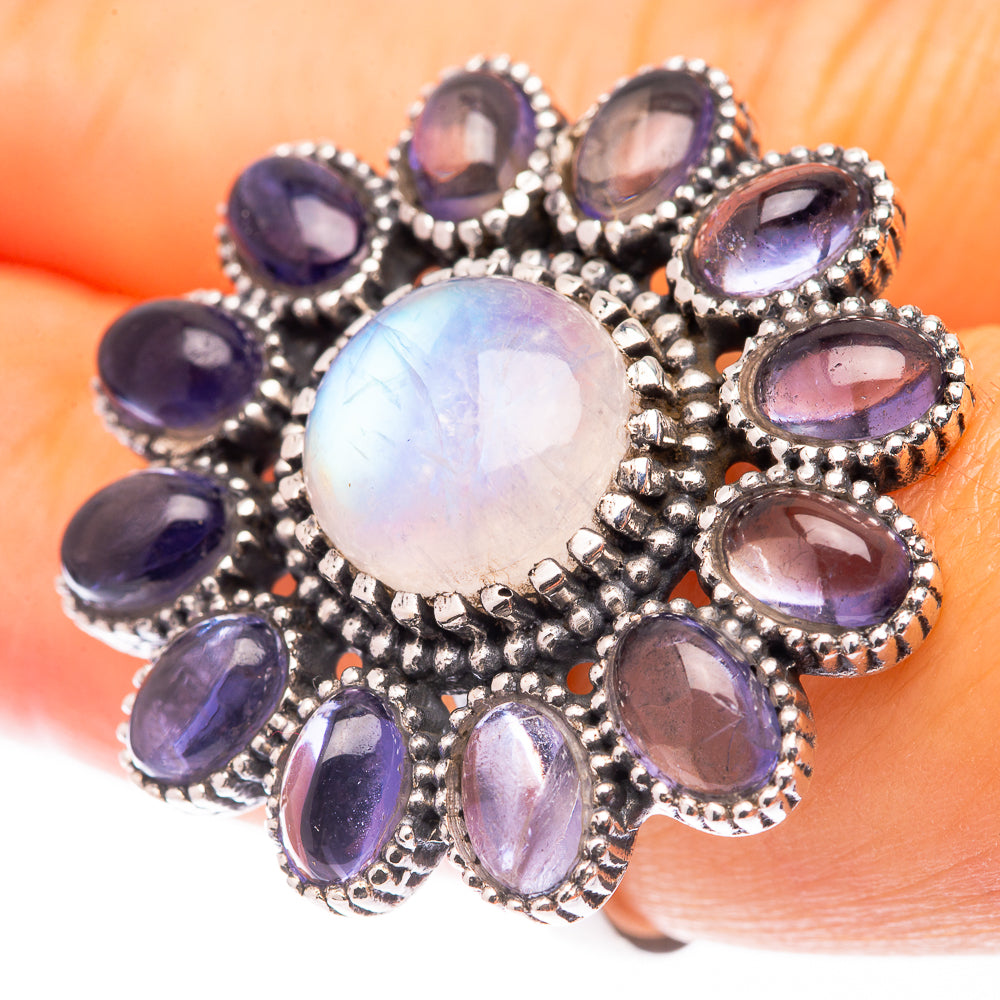 Large Rainbow Moonstone, Amethyst Ring Size 6.75 (925 Sterling Silver) R140977