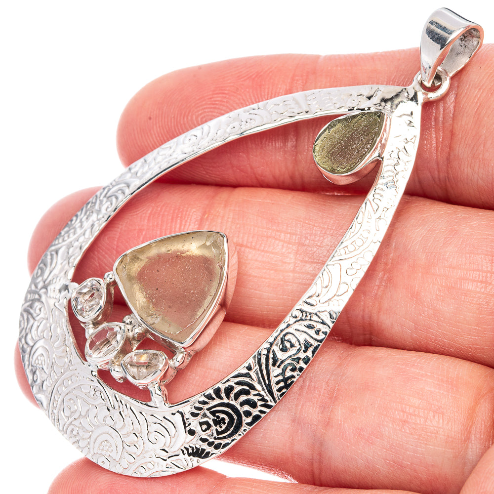 Signature Rough Moldavite, Herkimer Diamond Pendant 2 5/8" (925 Sterling Silver) P41176