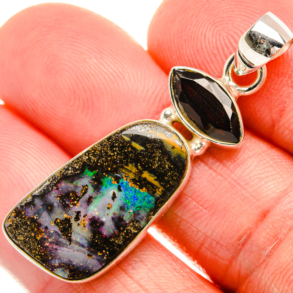 Boulder Opal, Black Onyx 925 Sterling Silver Pendant 1 3/4" (925 Sterling Silver) PD38341