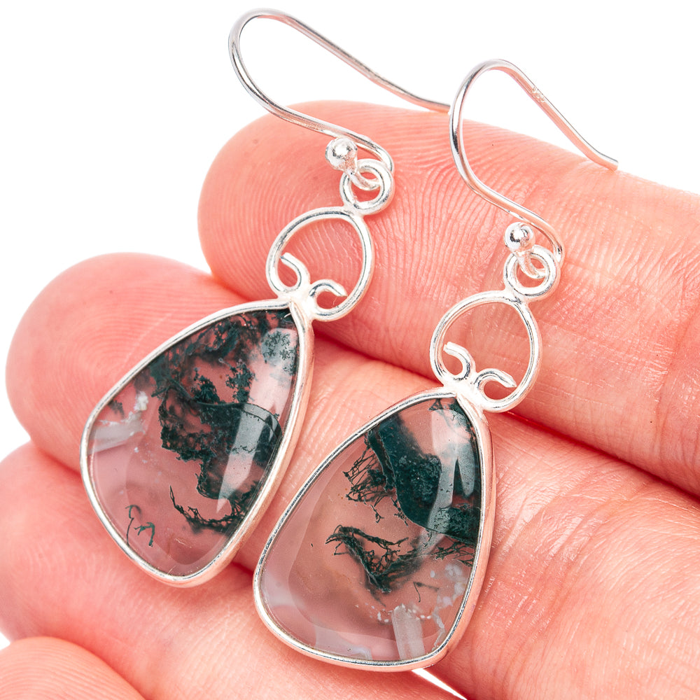 Green Moss Agate Earrings 1 5/8" (925 Sterling Silver) E1243