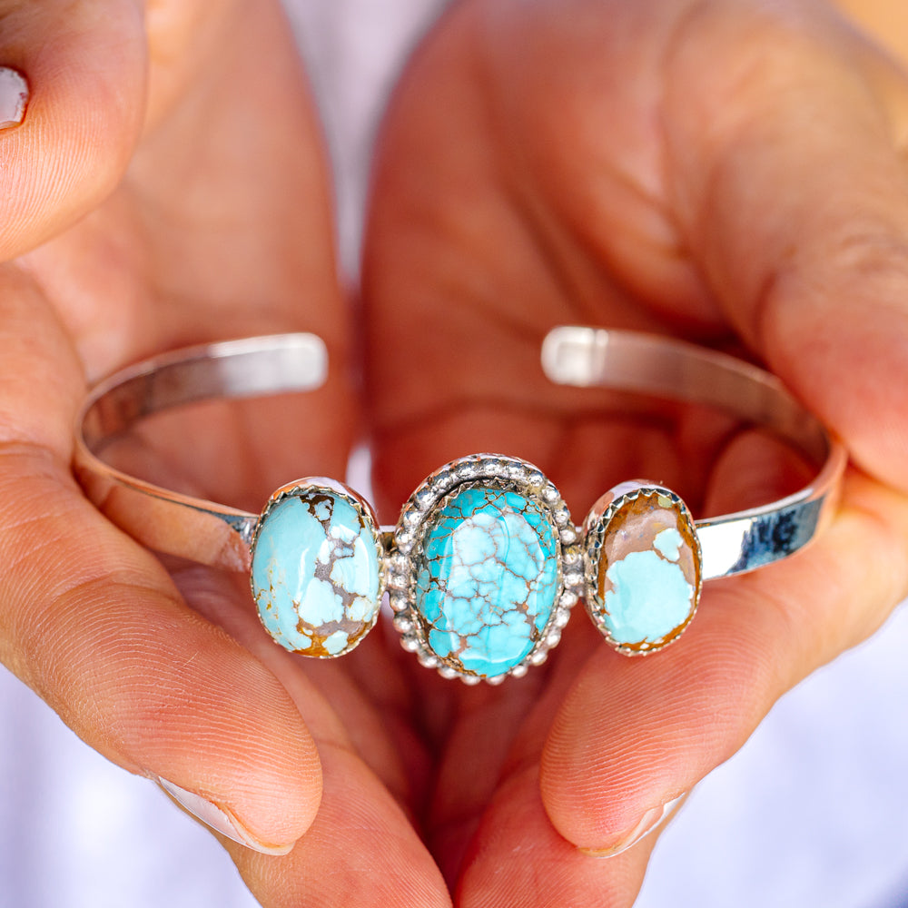 Number 8 Mine Turquoise Cuff Bracelet Adjustable (.925 Sterling Silver)