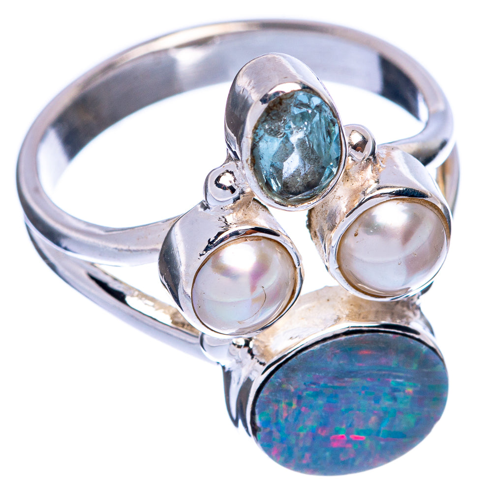 Rare Australian Fire Opal, Blue Topaz, Cultured Pearl Ring Size 7 (925 Sterling Silver) R145563