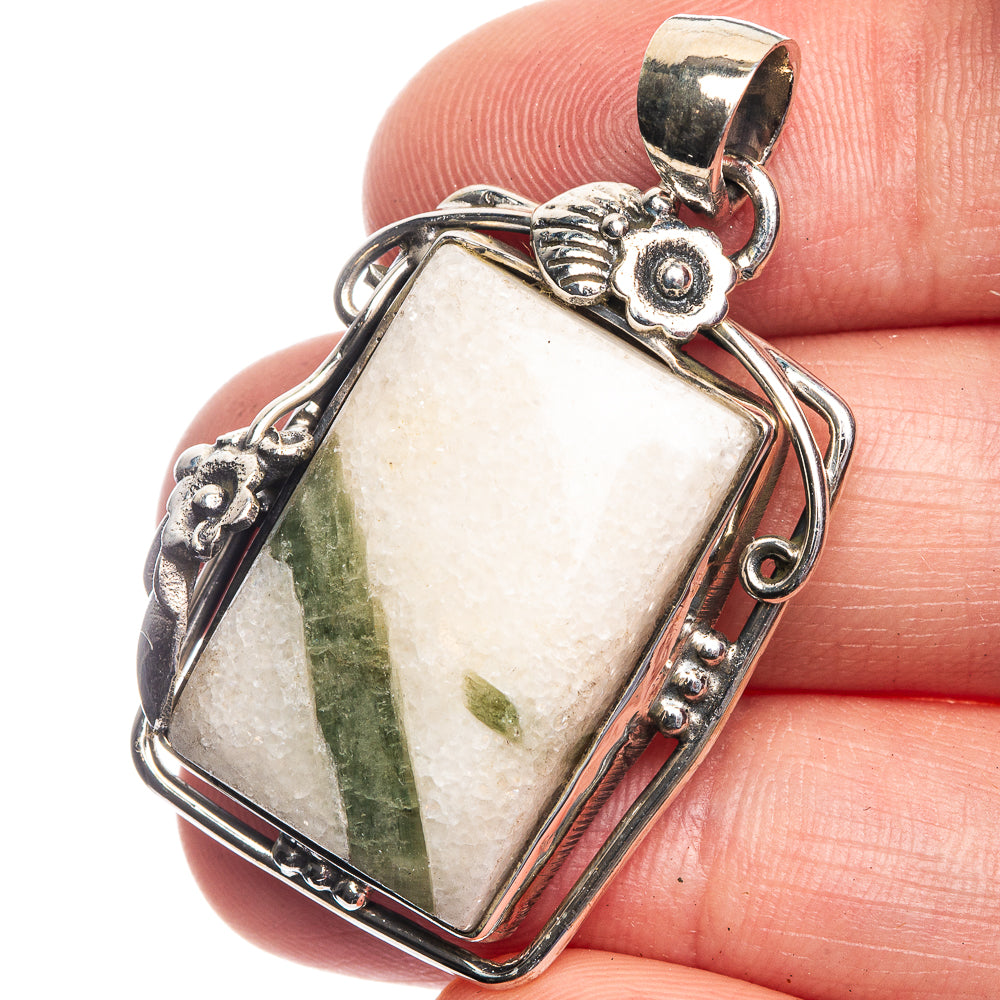 Green Tourmaline In Quartz Pendant 1 5/8" (925 Sterling Silver) P39194