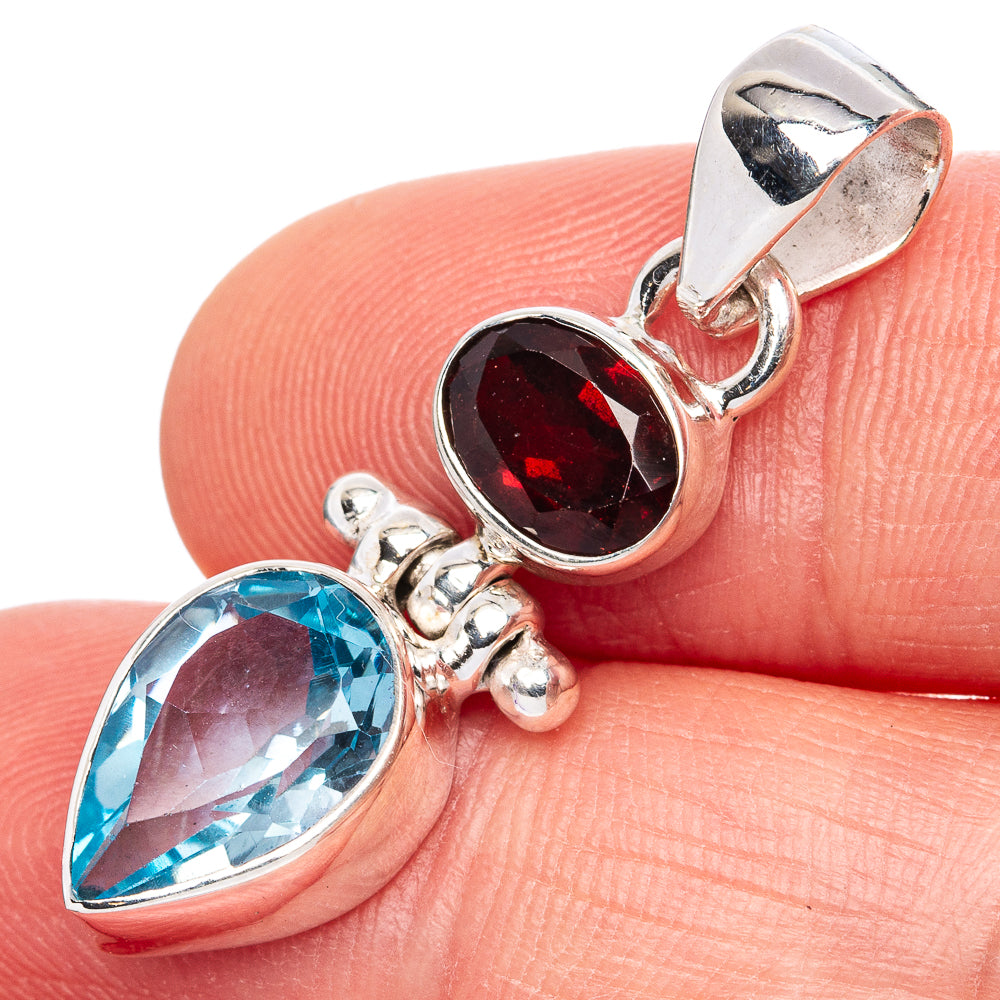 Value Blue Topaz, Garnet Pendant 1 3/8" (925 Sterling Silver) P42131