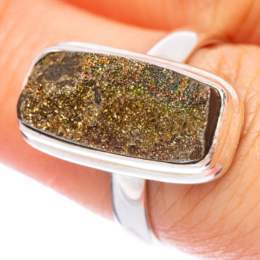 Rare Spectro Pyrite Rainbow Druzy Ring Size 7 (925 Sterling Silver) R1651