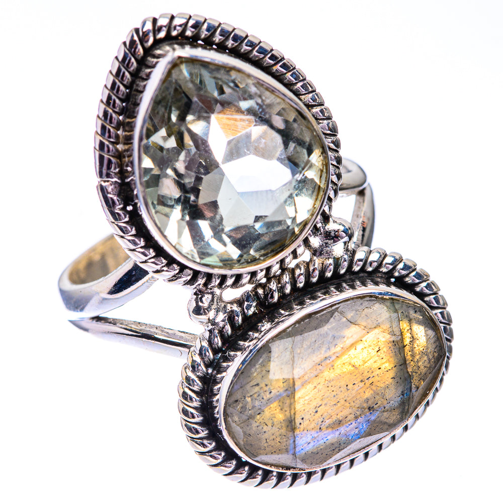 Large Labradorite, White Quartz Ring Size 7.5 (925 Sterling Silver) R140646