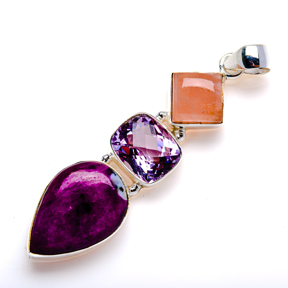 Ruby Fuchsite, Amethyst, Rose Quartz Pendant 2 1/2" (925 Sterling Silver) PD38001