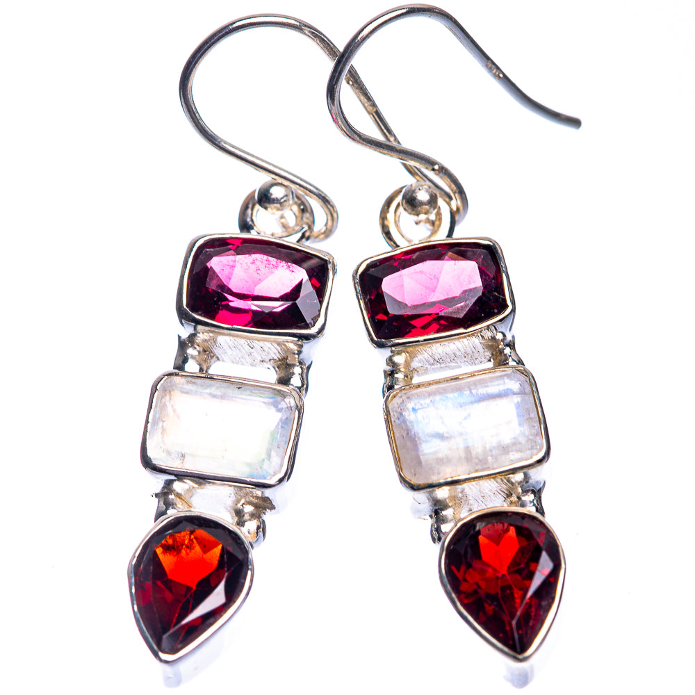 Rainbow Moonstone, Garnet Earrings 1 5/8" (925 Sterling Silver) E432730