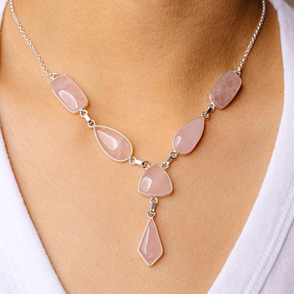 Rose Quartz Necklace 17 To 18 5/8" (925 Sterling Silver) N90123