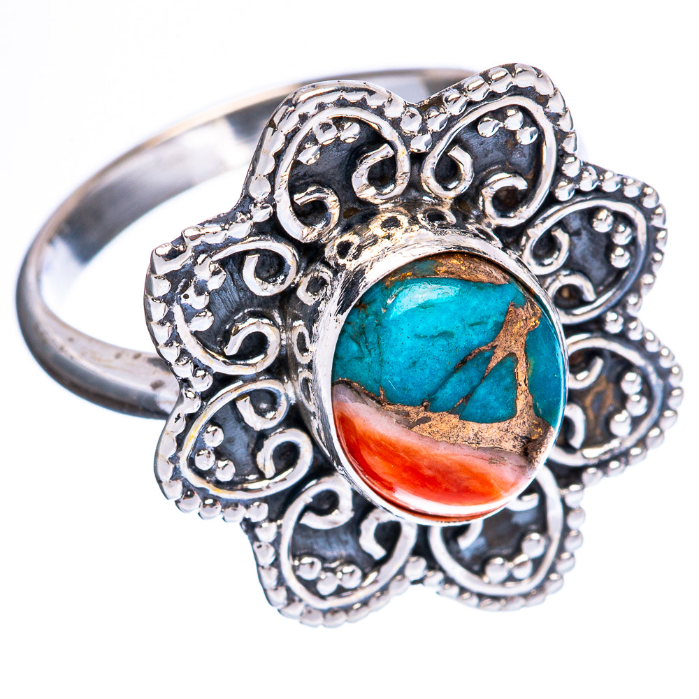 Spiny Oyster Turquoise Flower Ring Size 8 (925 Sterling Silver) R3194