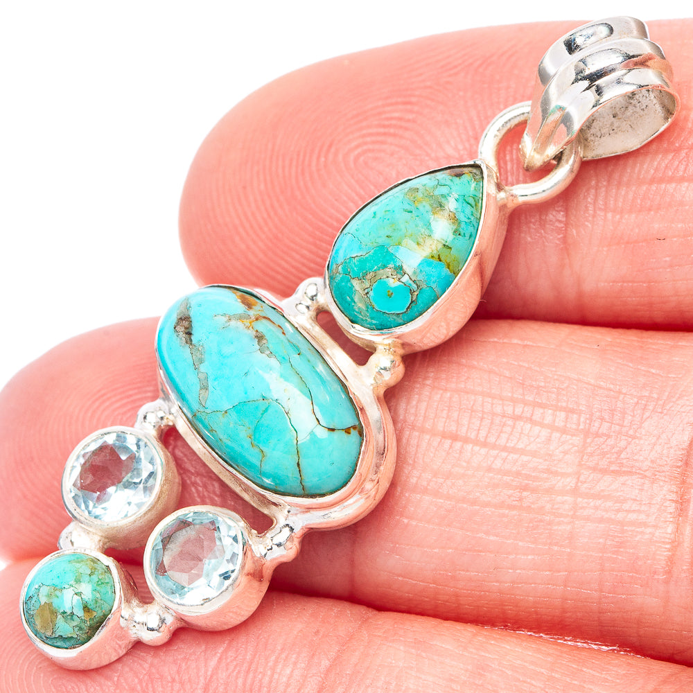 Rare Kingman Turquoise, Blue Topaz Pendant 1 3/4" (925 Sterling Silver) P41130