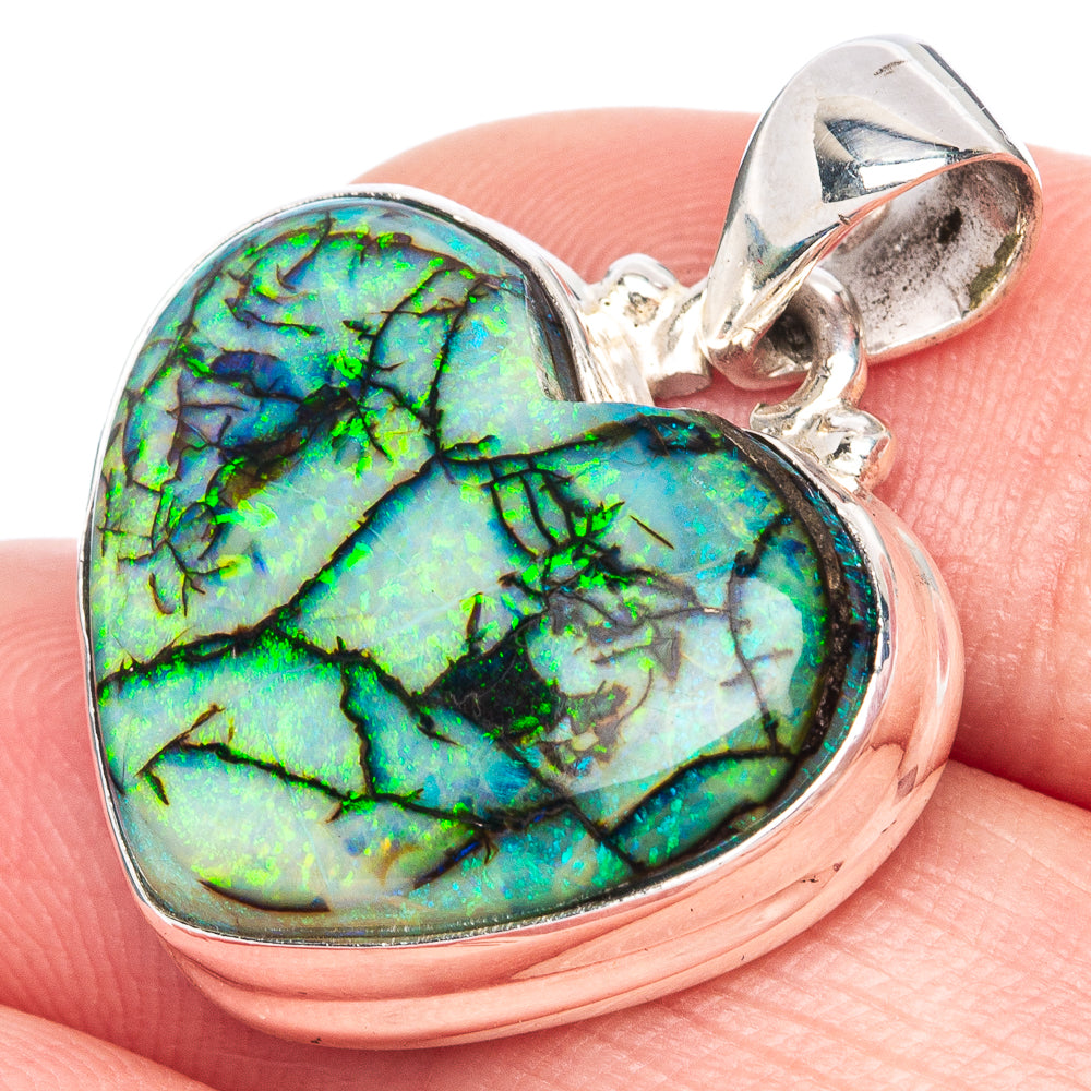 Rare Sterling Opal Heart Pendant 1 1/8" (925 Sterling Silver) P41987