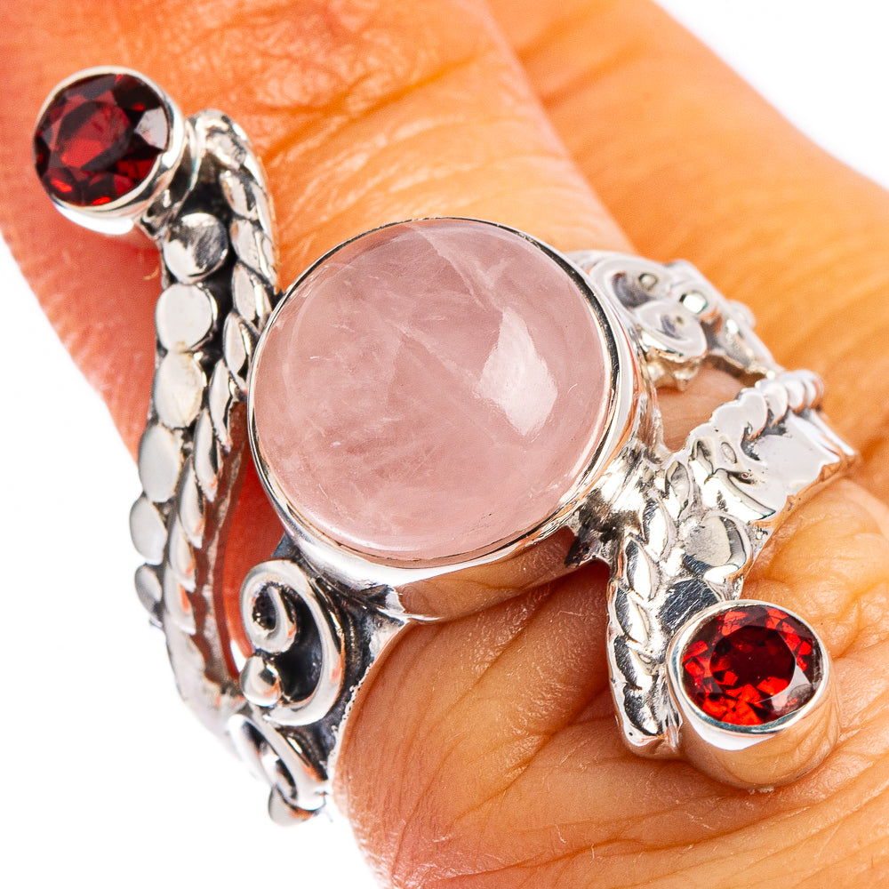 Premium Rose Quartz, Garnet Ring Size 5.75 (.925 Sterling Silver)