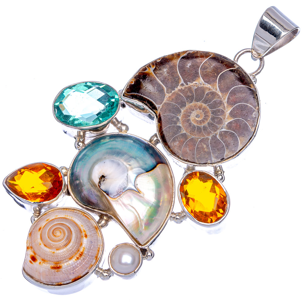 Huge Ammonite Fossil, Ocean Sea Shell, Blue Topaz, Citrine Pendant 2 5/8" (925 Sterling Silver) P40116