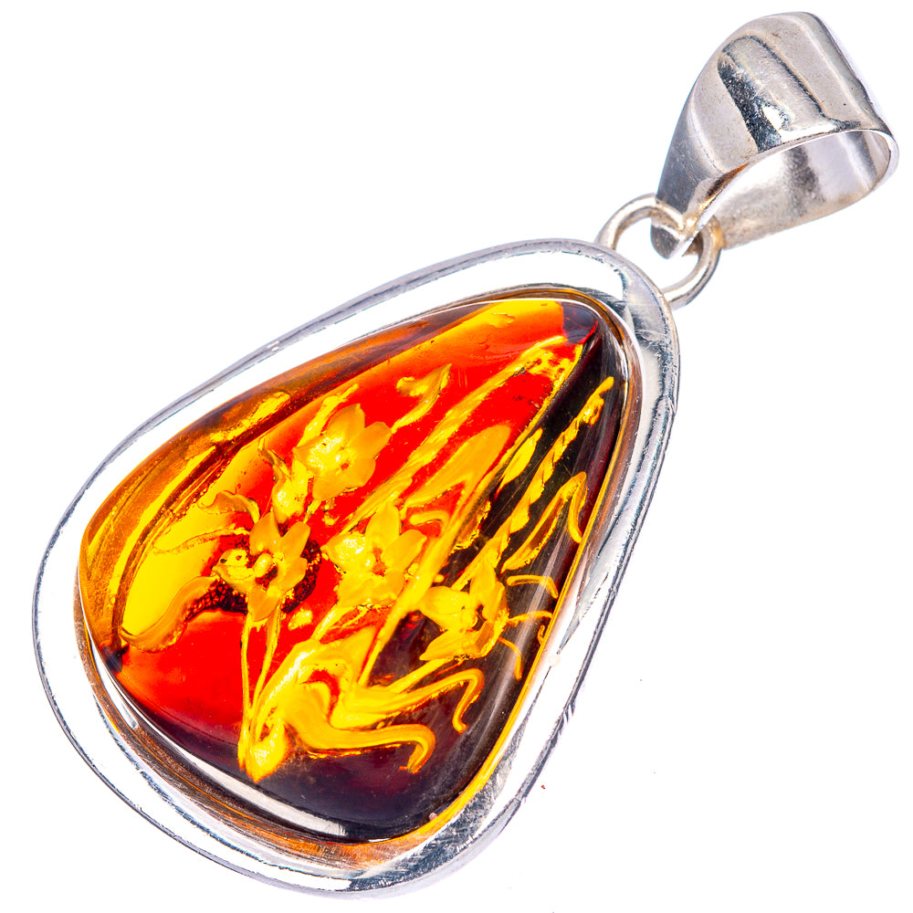 Amber Intaglio Flower Pendant 1 5/8" (925 Sterling Silver) P42574