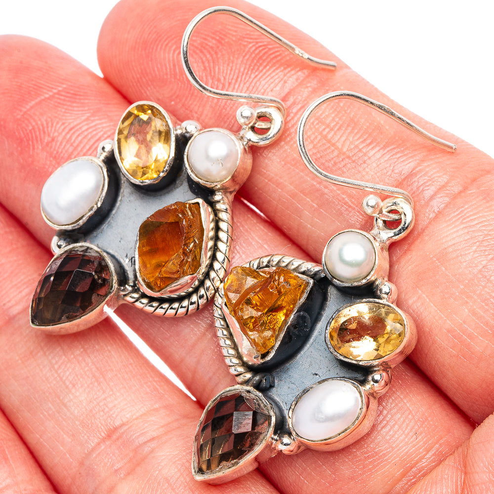 Premium Rough Citrine, Smoky Quartz, Cultured Pearl Earrings 1 3/4" (925 Sterling Silver) E1685
