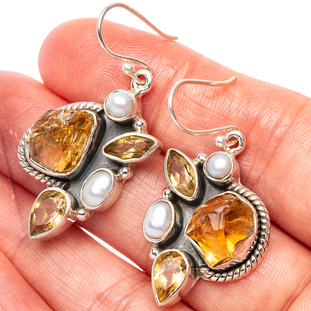 Citrine, Cultured Pearl Earrings 1 5/8" (925 Sterling Silver) E2400