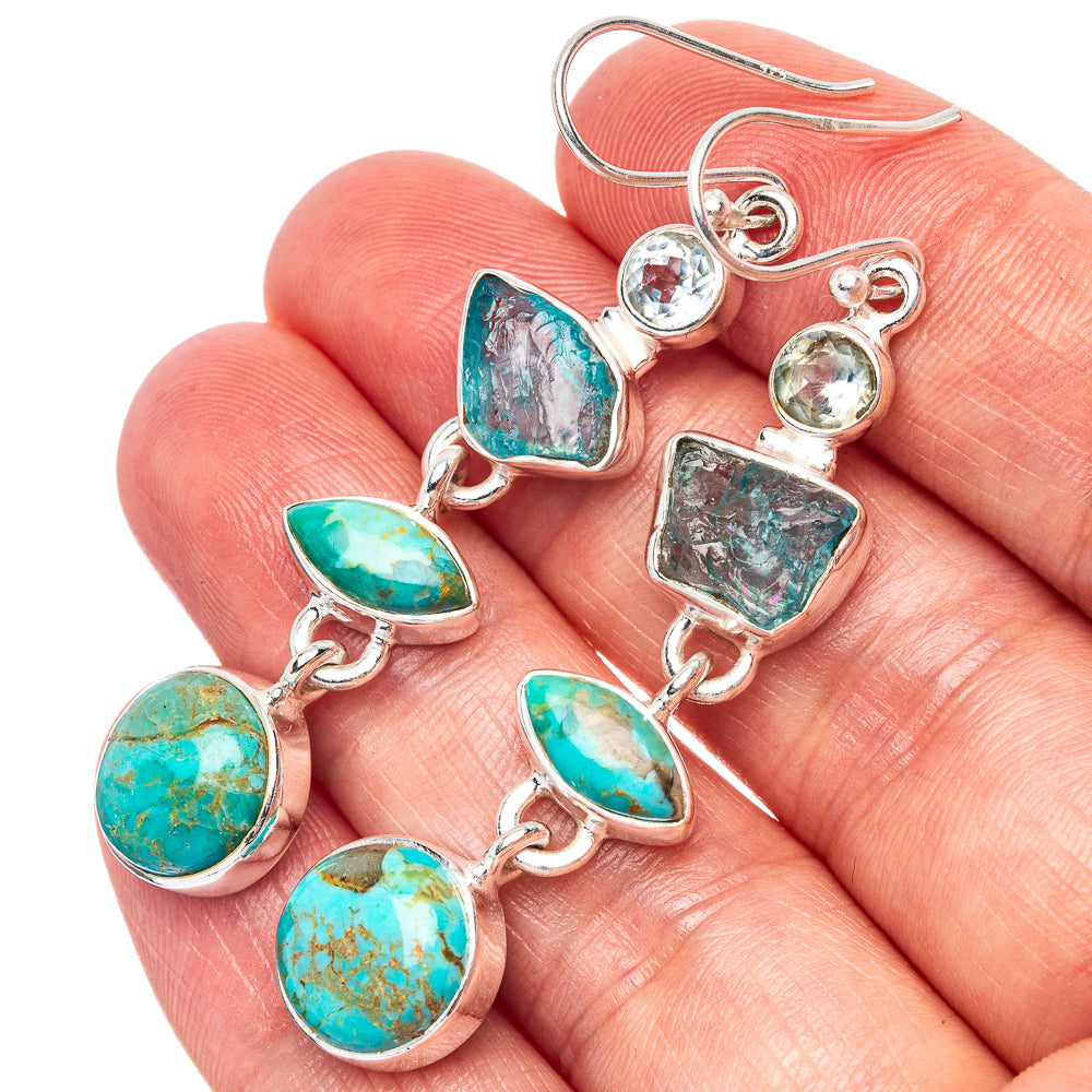 Rare Arizona Turquoise, Apatite, Blue Topaz Earrings 2 1/4" (925 Sterling Silver) E1587