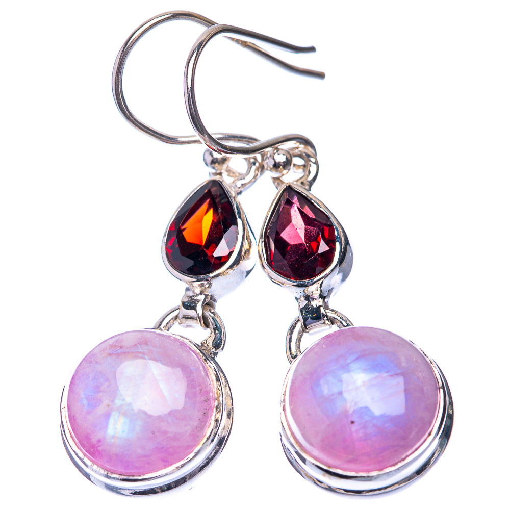 Pink Moonstone, Garnet Earrings 1 1/2" (925 Sterling Silver) E432552