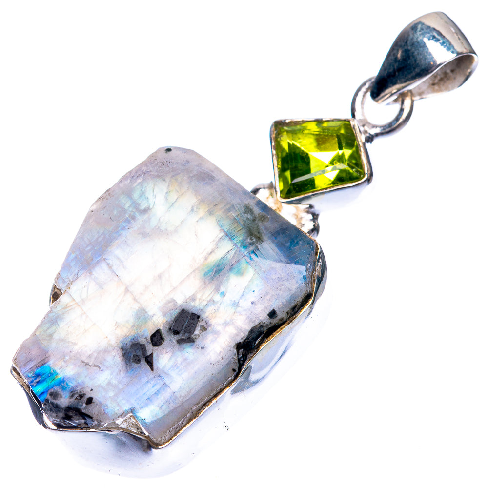Raw Rainbow Moonstone, Peridot Pendant 1 7/8" (925 Sterling Silver) P39316