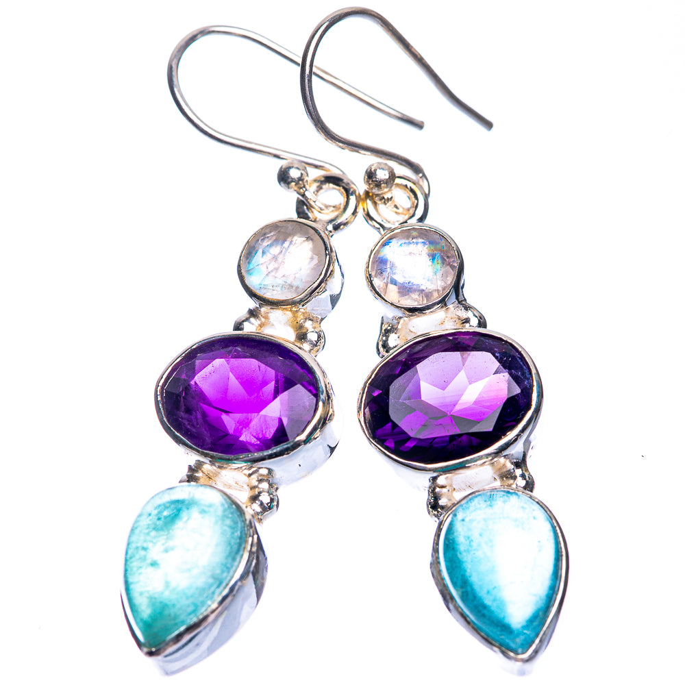 Amethyst, Aquamarine, Rainbow Moonstone Earrings 1 3/4" (925 Sterling Silver) E432719