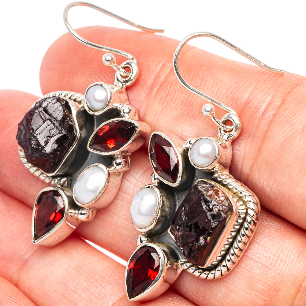 Garnet, Cultured Pearl Earrings 1 5/8" (925 Sterling Silver) E2397