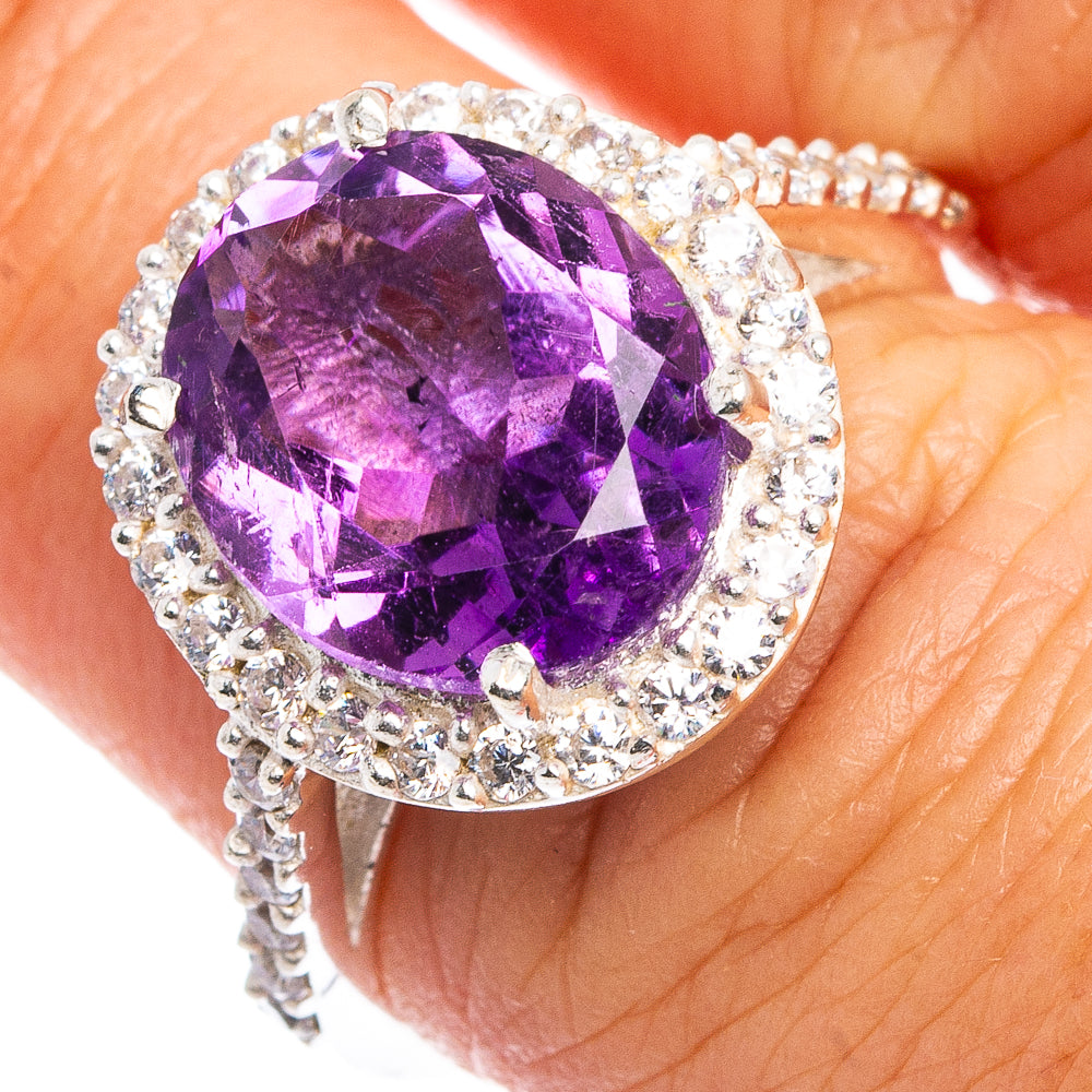 Faceted Amethyst, Cubic Zirconia Ring Size 7 (.925 Sterling Silver)
